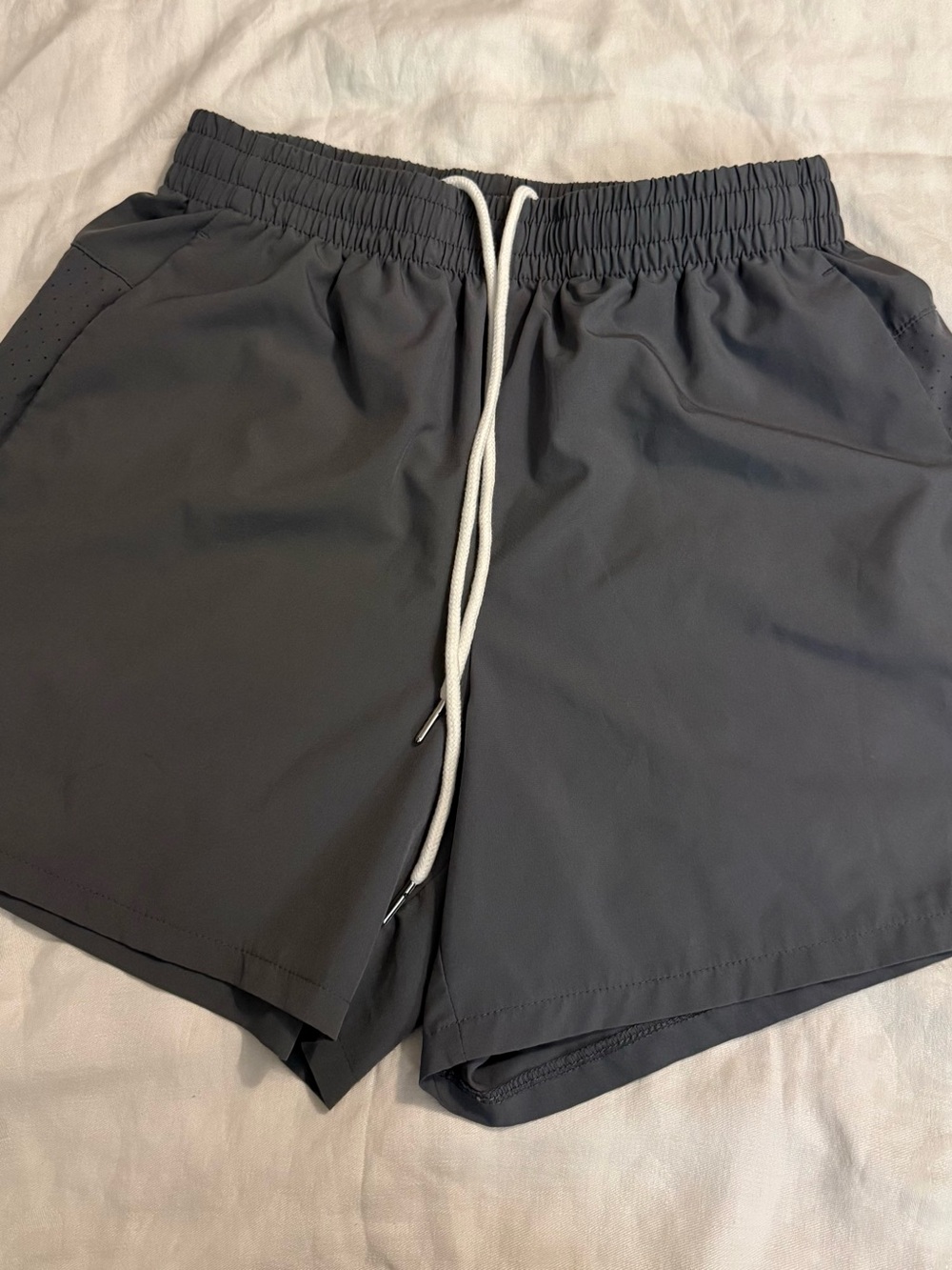 Asics Charcoal Gray Athletic Shorts with White Drawstring